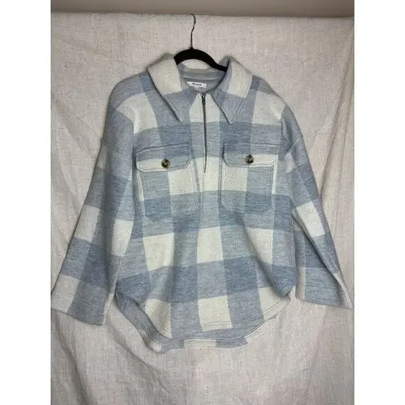 Madewell Boiled Wool Half Zip Popover Sweater Buffalo Check Heather Cream Sz.L - Picture 5 of 12